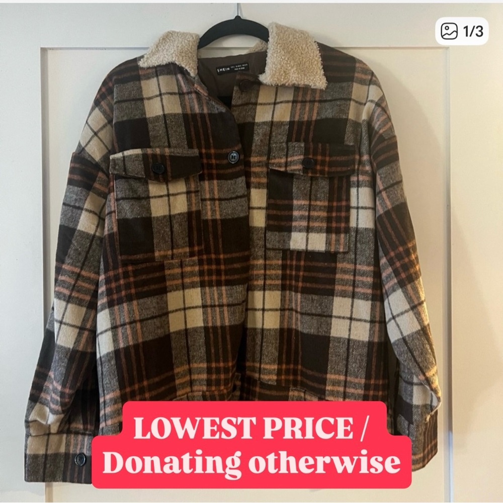 NWOT SHEIN Plaid Faux-Shearling Collar Bomber Jacket, L